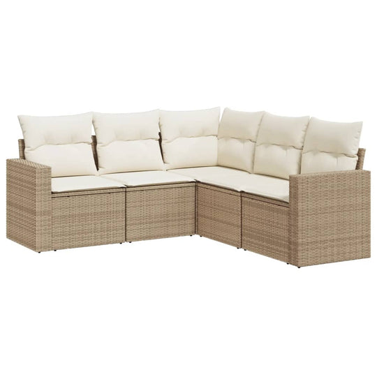 5 Piece Garden Sofa Set with Cushions Poly Rattan with cream cushions in a stylish corner configuration.