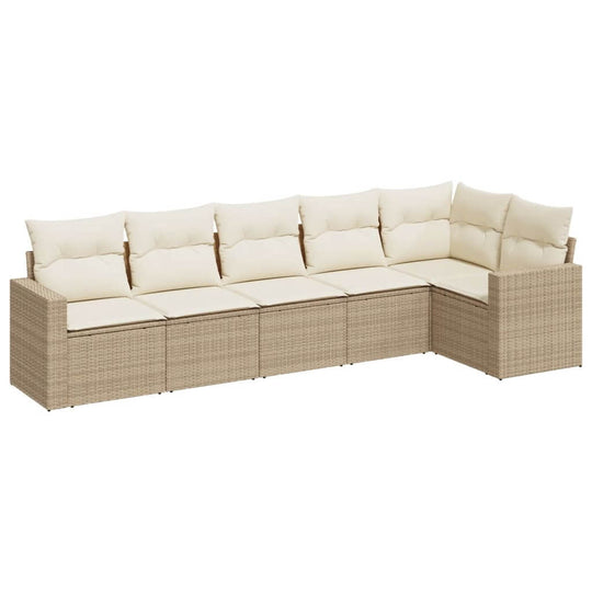 6 Piece Garden Sofa Set with Cushions Poly Rattan featuring comfortable beige cushions in a stylish design.