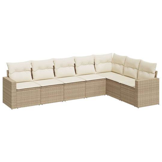 7 Piece Garden Sofa Set with Cushions Poly Rattan in beige with comfortable cushions for outdoor lounging.