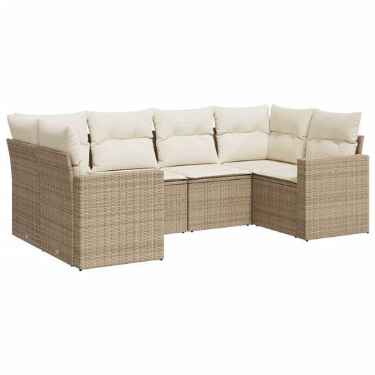 6 Piece Garden Sofa Set with Cushions Poly Rattan in light beige with plush cushions for outdoor relaxation.