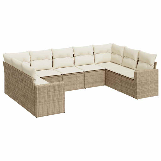 9 Piece Garden Sofa Set with Cushions Poly Rattan in light beige color for outdoor lounging.