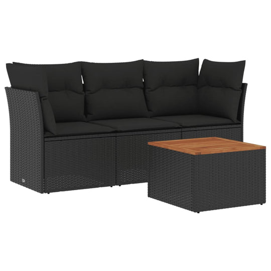 4 Piece Garden Sofa Set with Cushions Poly Rattan featuring a stylish black design and a wooden tabletop coffee table.