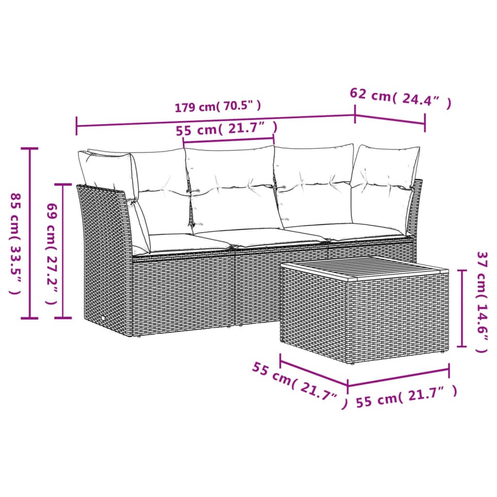 4 Piece Garden Sofa Set with Cushions Poly Rattan dimensions and specifications for outdoor furniture.