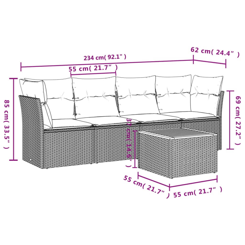 5 Piece Garden Sofa Set with Cushions Poly Rattan dimensions and specifications diagram