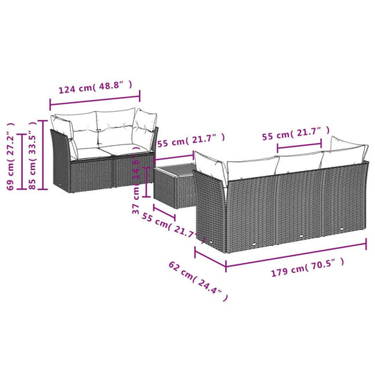 6 Piece Garden Sofa Set with Cushions Poly Rattan dimensions and specifications diagram.