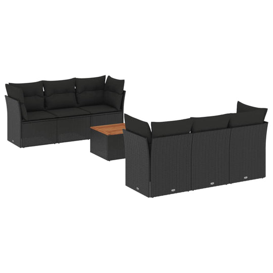 7 Piece Garden Sofa Set with Cushions Poly Rattan in black wicker with a wooden coffee table for outdoor comfort.