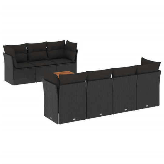 8 Piece Garden Sofa Set with Cushions Poly Rattan in black with comfortable cushions and coffee table.