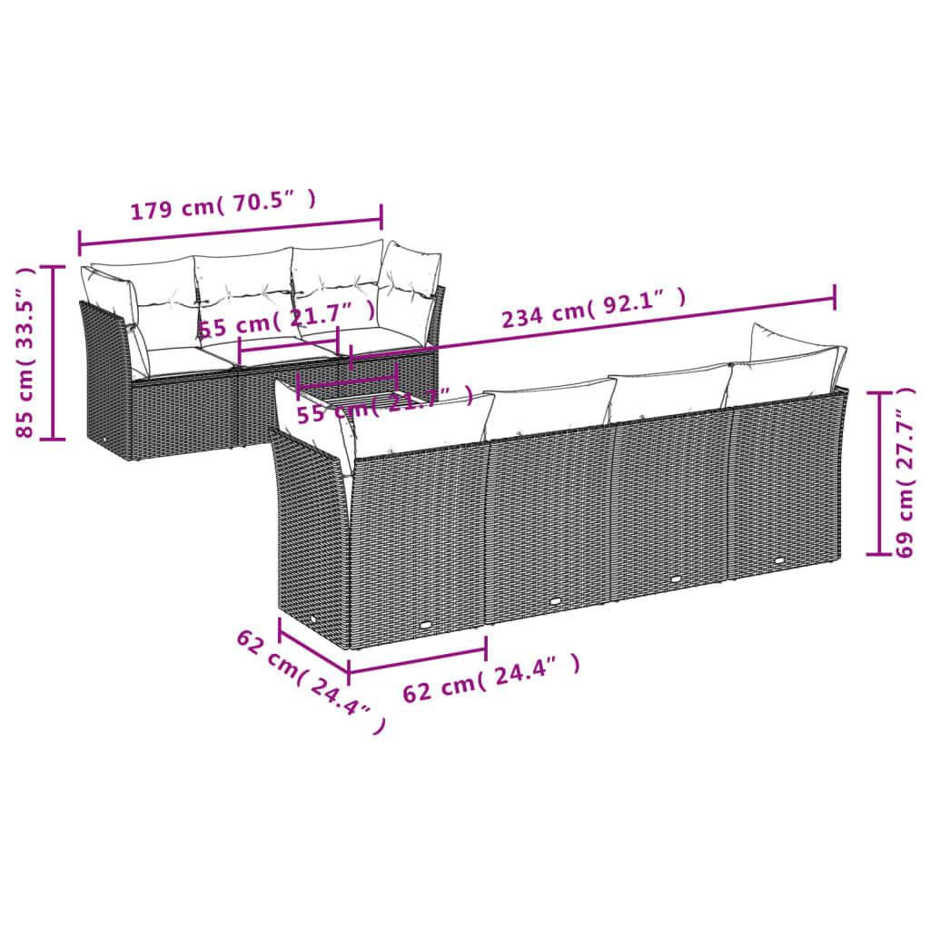 Dimensions of 8 Piece Garden Sofa Set with Cushions Poly Rattan showing measurements for a perfect outdoor fit.