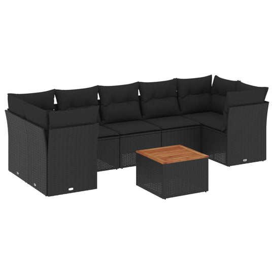 8 Piece Garden Sofa Set with Cushions Poly Rattan in black with wooden coffee table for outdoor relaxation.