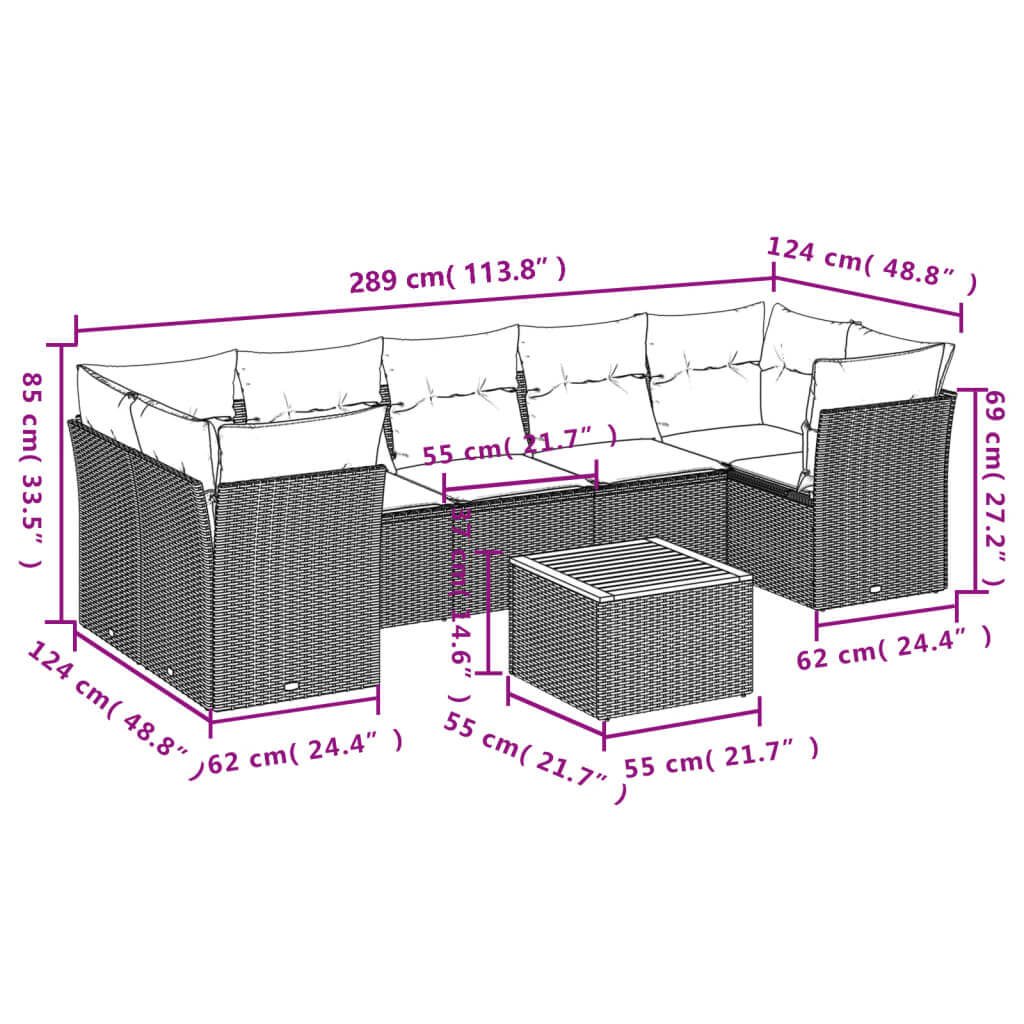 8 Piece Garden Sofa Set with Cushions Poly Rattan dimensions diagram showing measurements in centimeters.