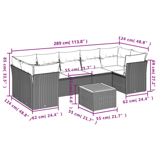 8 Piece Garden Sofa Set with Cushions Poly Rattan dimensions diagram showing measurements in centimeters.