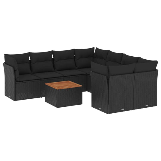 9 Piece Garden Sofa Set with Cushions  Poly Rattan in black with wooden coffee table