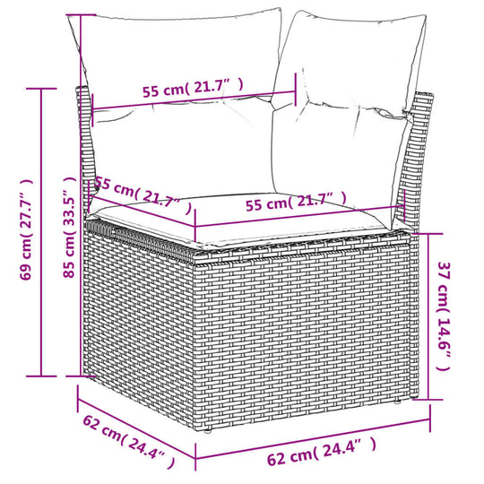 9 Piece Garden Sofa Set with Cushions  Poly Rattan dimensions diagram showing measurements and layout.