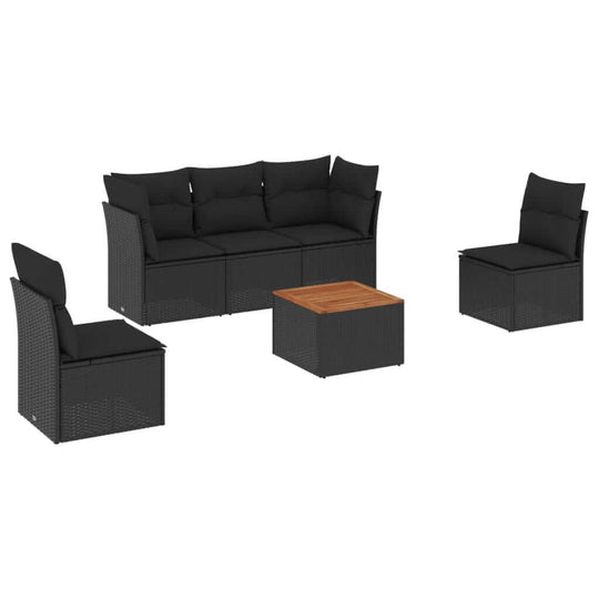 6 Piece Garden Sofa Set with Cushions Poly Rattan in black with a wooden coffee table, perfect for outdoor relaxation.