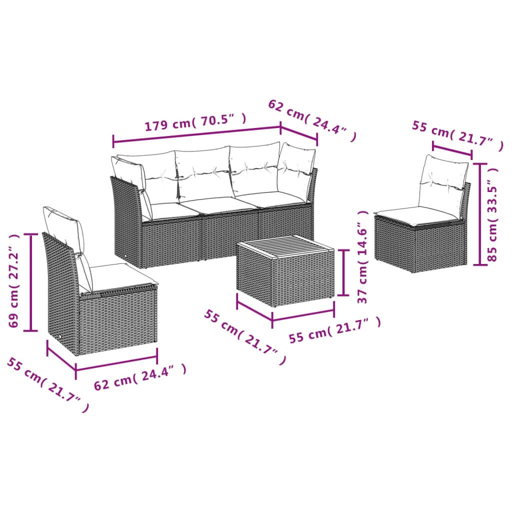 Dimensions of 6 Piece Garden Sofa Set with Cushions Poly Rattan, including sofa and chairs.