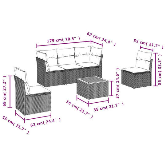 Dimensions of 6 Piece Garden Sofa Set with Cushions Poly Rattan, including sofa and chairs.