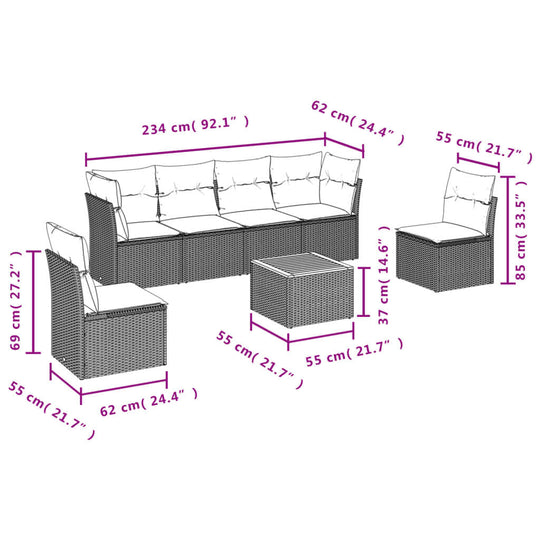 7 Piece Garden Sofa Set with Cushions Poly Rattan dimensions diagram, showcasing layout and measurements.