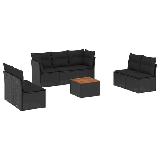 8 Piece Garden Sofa Set with Cushions Poly Rattan in black with a wooden coffee table.