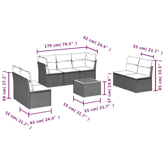 8 Piece Garden Sofa Set with Cushions Poly Rattan dimensions illustration, showcasing seating arrangement and sizes.