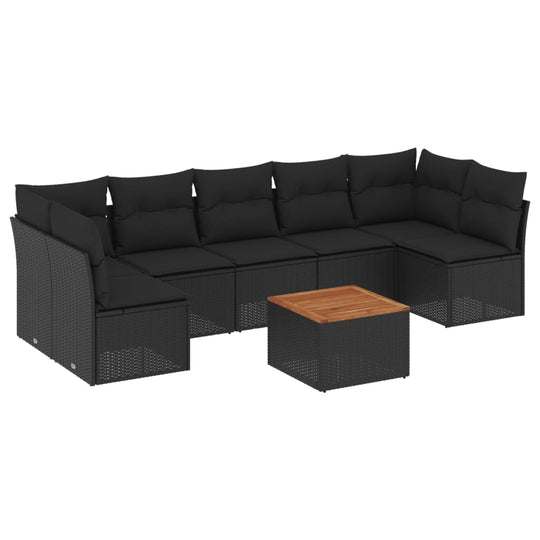 8 Piece Garden Sofa Set with Cushions  Poly Rattan in stylish black with a wooden coffee table.