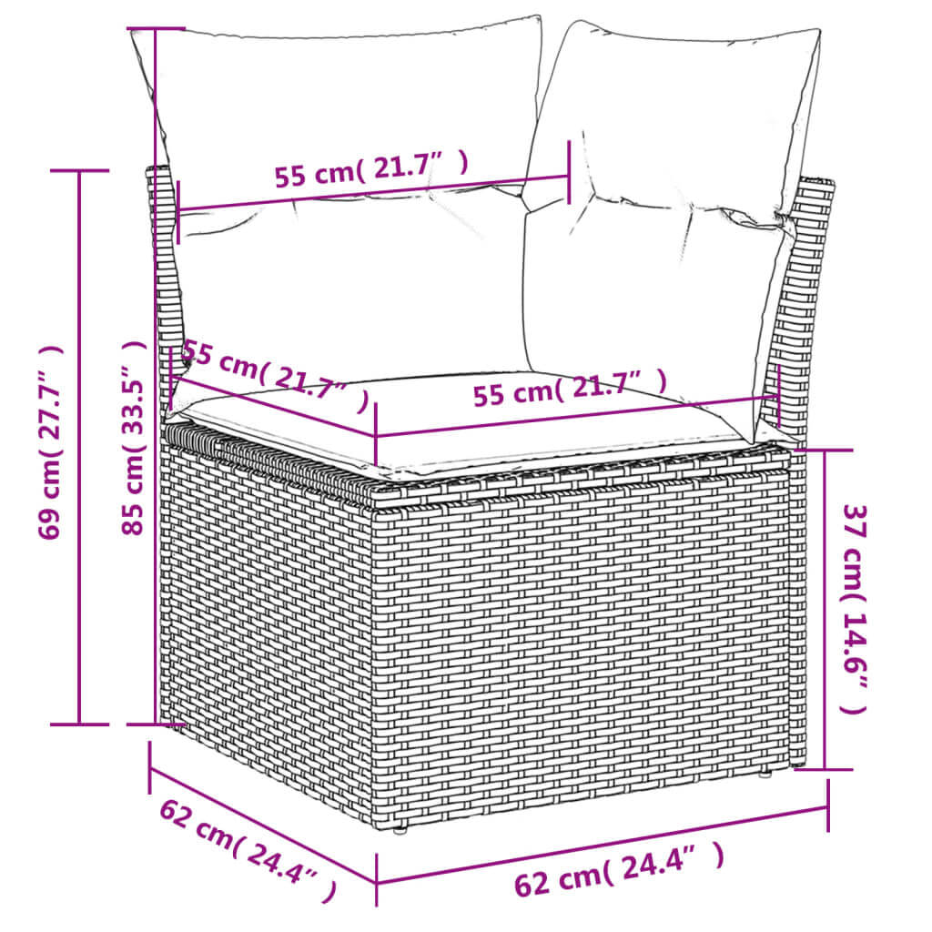 8 Piece Garden Sofa Set with Cushions Poly Rattan dimensions diagram showcasing detailed measurements.