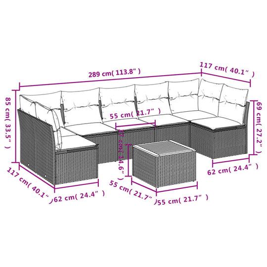 8 Piece Garden Sofa Set with Cushions Poly Rattan dimensions illustration showing measurements for seating and table.