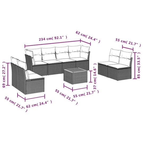 Dimensions of 9 Piece Garden Sofa Set with Cushions Poly Rattan showing detailed measurements.