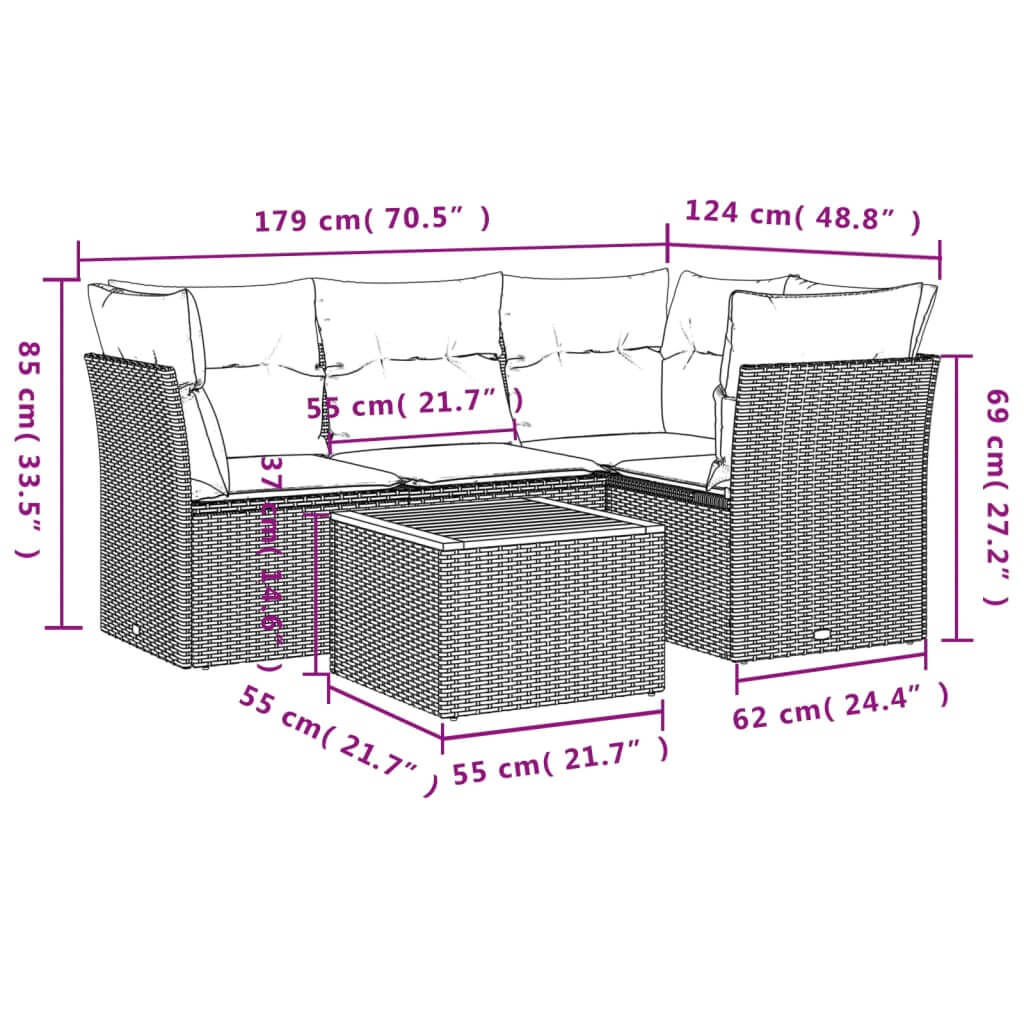 5 Piece Garden Sofa Set with Cushions Poly Rattan dimensions and measurements illustration