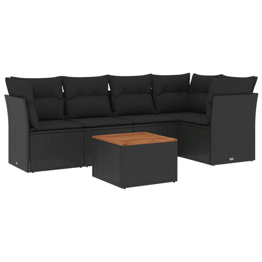 6 Piece Garden Sofa Set with Cushions Poly Rattan in stylish black with a wooden table centerpiece.
