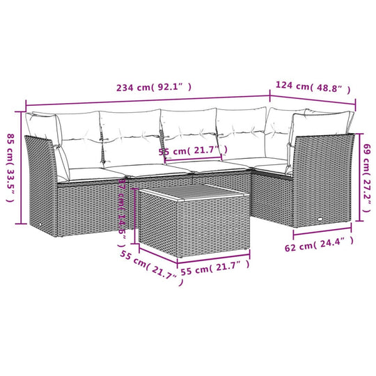 6 Piece Garden Sofa Set with Cushions  Poly Rattan dimensions illustration with detailed measurements.
