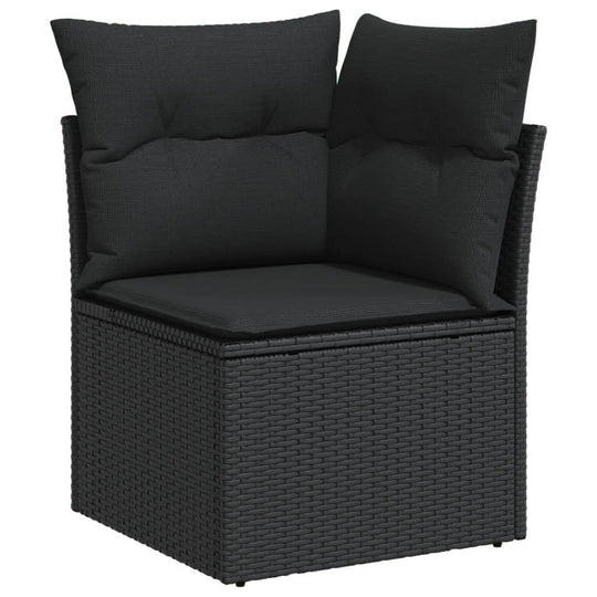 6 Piece Garden Sofa Set with Cushions Poly Rattan corner chair with black cushions and woven design.