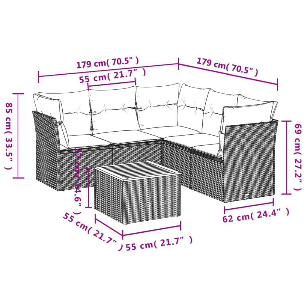 6 Piece Garden Sofa Set with Cushions Poly Rattan dimensions diagram with labeled measurements.