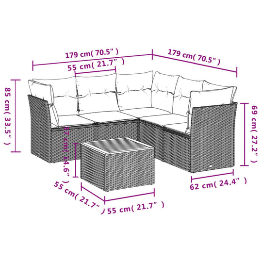 6 Piece Garden Sofa Set with Cushions Poly Rattan dimensions diagram with labeled measurements.