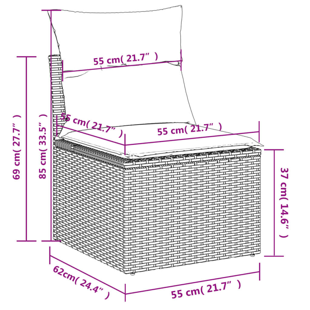 Dimensions of a 6 Piece Garden Sofa Set with Cushions Poly Rattan, showing chair measurements for patio comfort.