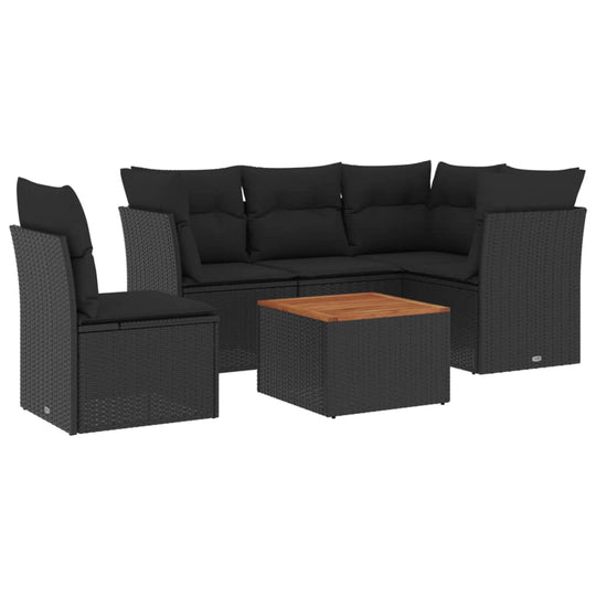6 Piece Garden Sofa Set with Cushions Poly Rattan featuring black cushions and a wooden coffee table.