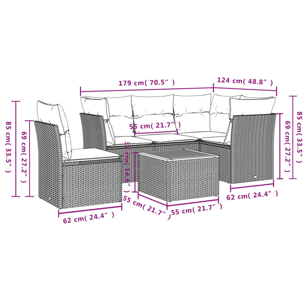 Dimensions of 6 Piece Garden Sofa Set with Cushions Poly Rattan including seating and table measurements.