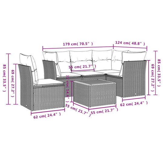 Dimensions of 6 Piece Garden Sofa Set with Cushions Poly Rattan including seating and table measurements.