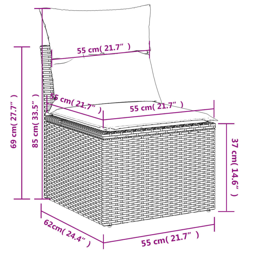 6 Piece Garden Sofa Set with Cushions Poly Rattan dimensions diagram showcasing measurements for perfect fit.
