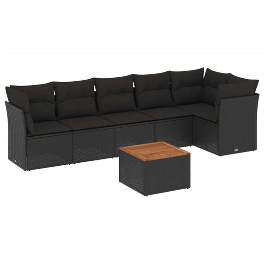7 Piece Garden Sofa Set with Cushions Poly Rattan featuring black cushions and a wooden coffee table.