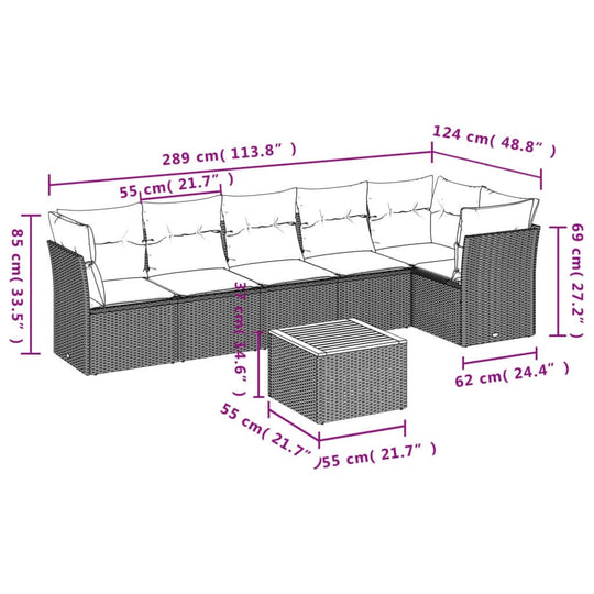 7 Piece Garden Sofa Set with Cushions Poly Rattan dimensions and layout illustration.