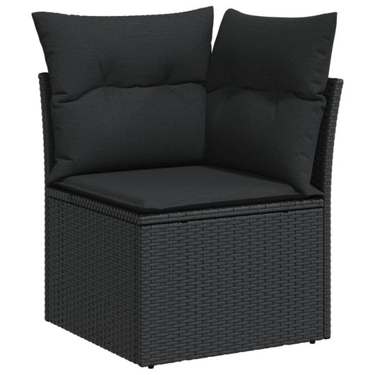 7 Piece Garden Sofa Set with Cushions  Poly Rattan corner seat with plush black cushions, ideal for outdoor relaxation.