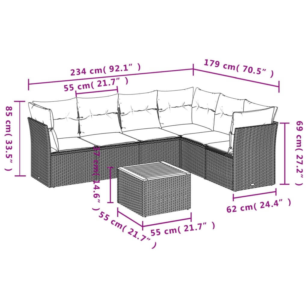 7 Piece Garden Sofa Set with Cushions Poly Rattan dimensions illustration including measurements and design.