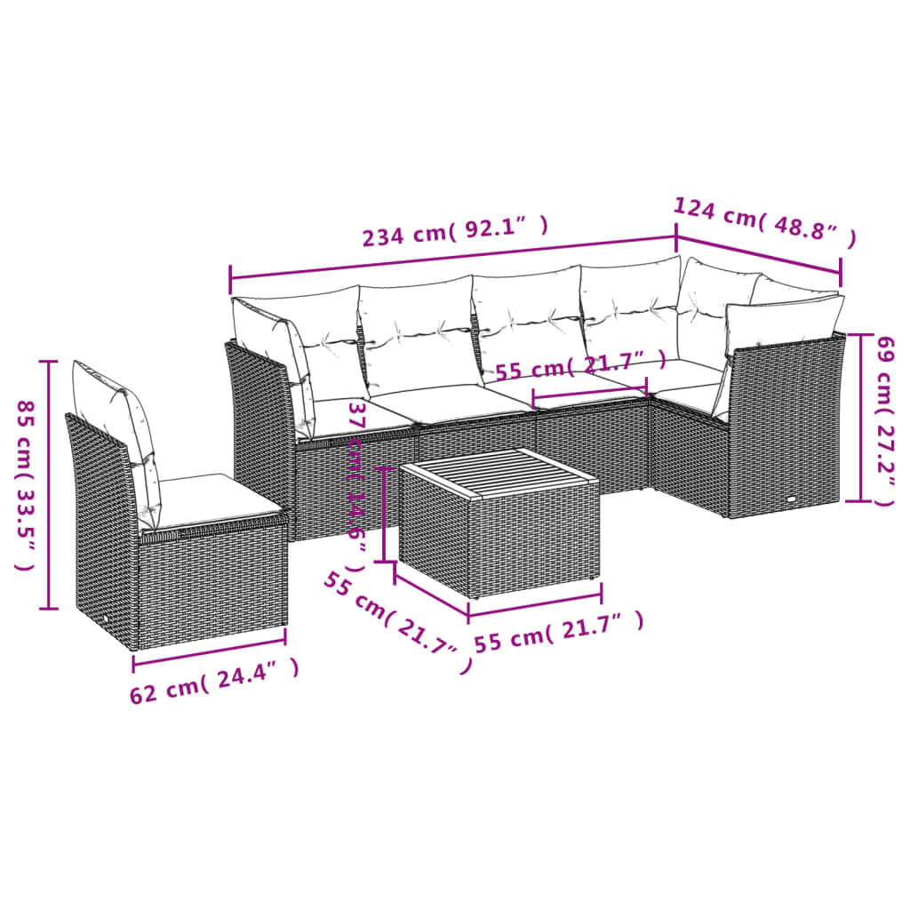 Dimensions of 7 Piece Garden Sofa Set with Cushions Poly Rattan, showing layout and sizes for optimal outdoor arrangement.