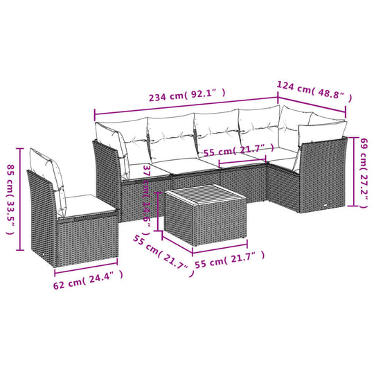 Dimensions of 7 Piece Garden Sofa Set with Cushions Poly Rattan, showing layout and sizes for optimal outdoor arrangement.