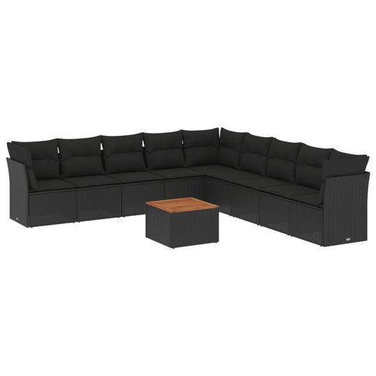 10 Piece Garden Sofa Set with Cushions Poly Rattan in a stylish L-shape with a wooden coffee table.