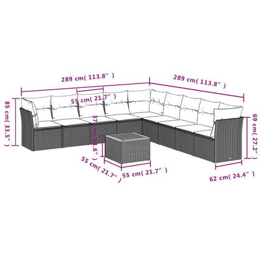 Dimensions of 10 Piece Garden Sofa Set with Cushions Poly Rattan including a sectional layout and coffee table.
