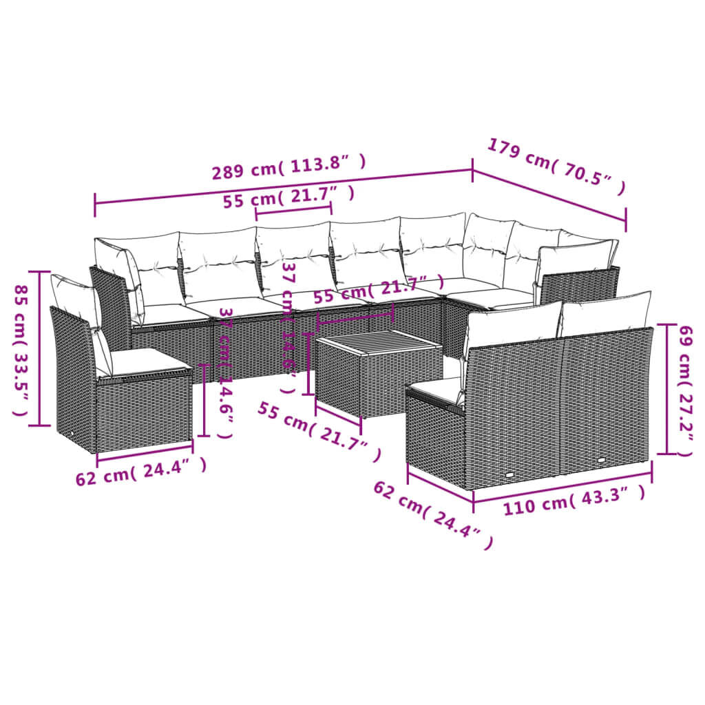 Diagram of 11 Piece Garden Sofa Set with Cushions Poly Rattan, showing dimensions and layout for outdoor seating arrangement.