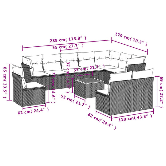 Diagram of 11 Piece Garden Sofa Set with Cushions Poly Rattan, showing dimensions and layout for outdoor seating arrangement.