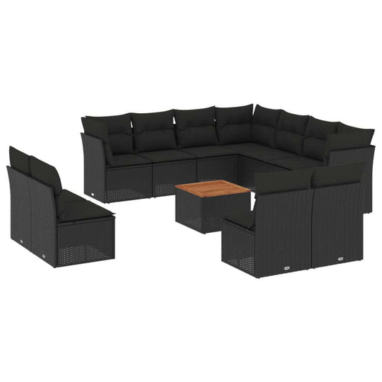 12 Piece Garden Sofa Set with Cushions Poly Rattan in black with wood tabletop for outdoor relaxation.