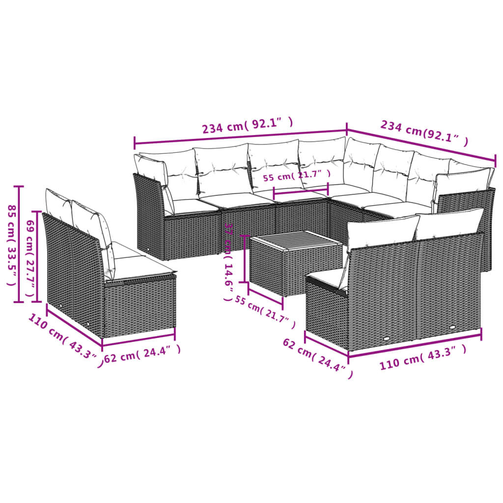 12 Piece Garden Sofa Set with Cushions Poly Rattan dimensions layout for outdoor spaces.